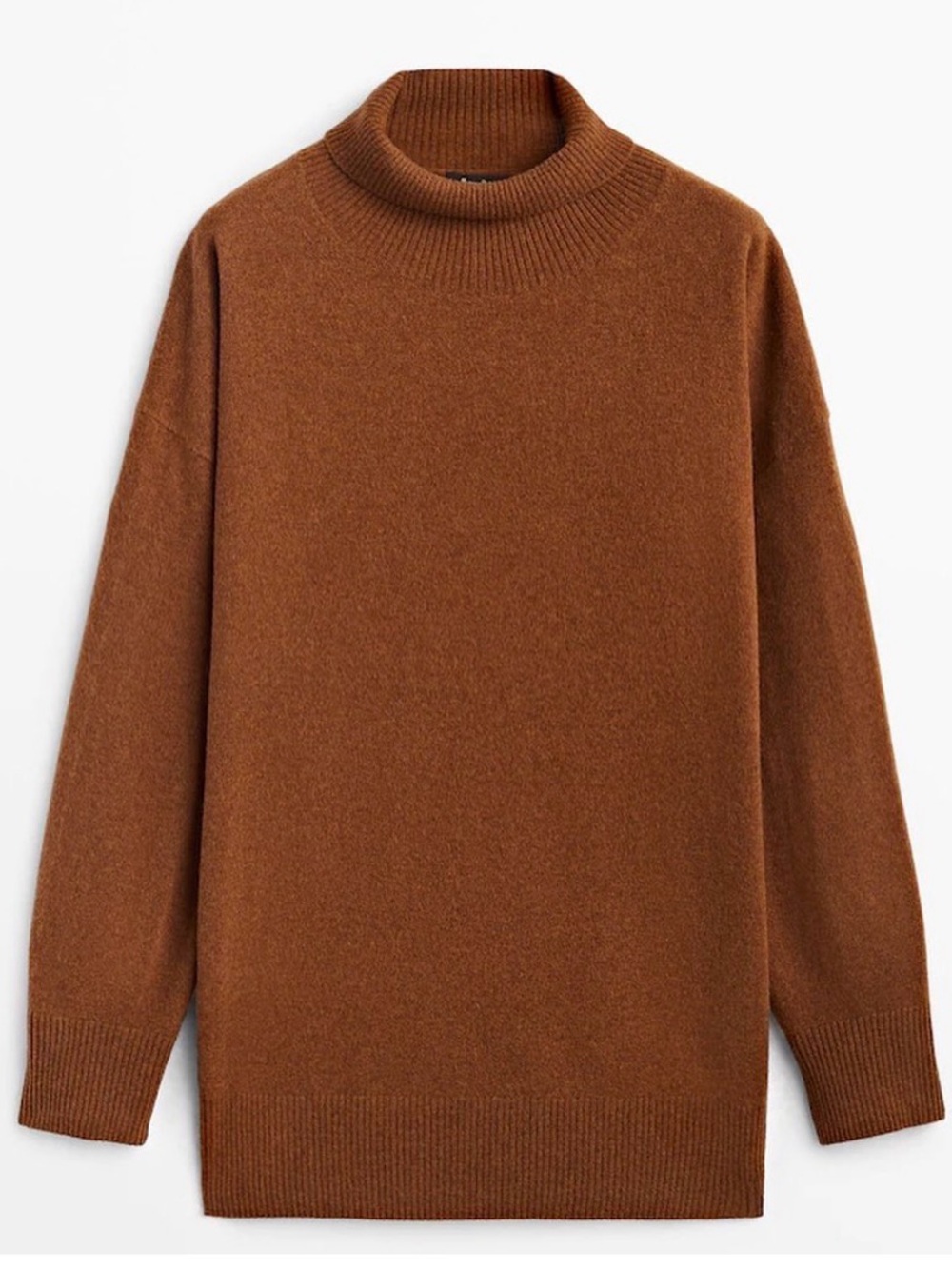 Massimo Dutti Long Brown Wool-Cashmere High Neck Sweater